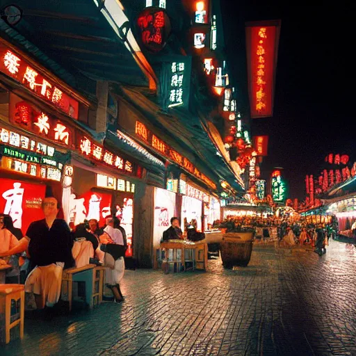 Prompt: A street full of restaurants in Hangzhou in the early 2000s, evening