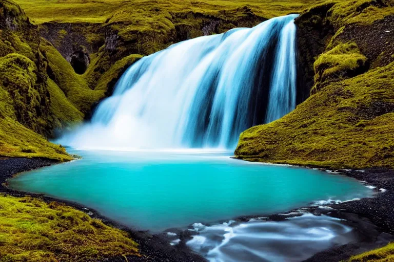 Image similar to photo of a landscape with mountains with waterfalls and snow on top, wallpaper, very very wide shot, blue glacier, iceland, new zeeland, green flush moss, national geographics, professional landscape photography, sunny, day time, beautiful