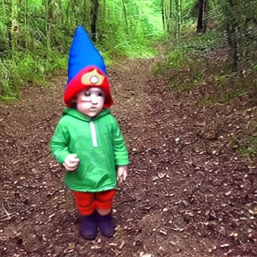 Prompt: bad quality screenshot of a leaked video of a small person dressed as gnome looking at me at a forest trail, photo taken from far away, night time, bright camera flash, camera shaking, disturbing, very scary, realistic, very disturbing, help me please im disturbed, ultrarealistic, 480p, scary