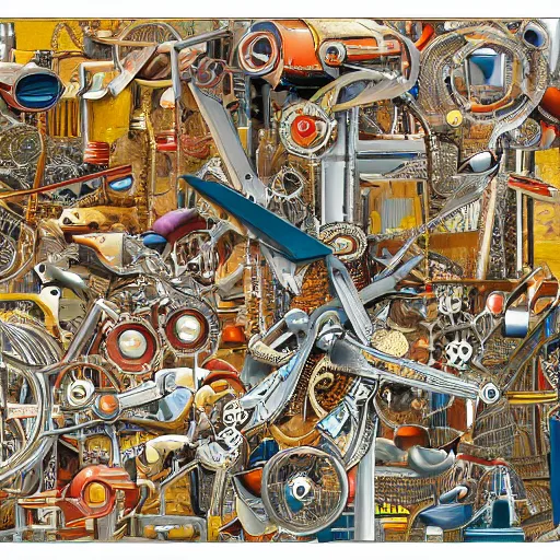 Prompt: a chaotic scene of a crazy machine with lots of details and contraptions. there are many pairs of scissors visible. the illustration is very detailed and intricate, with a lot of small elements that come together to create a cohesive whole. it uses a limited palette of colors, which helps to create a cohesive and unified look.