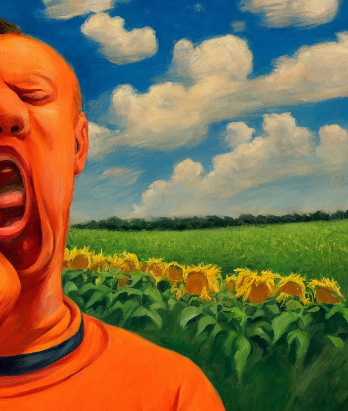 Image similar to a closeup portrait of a man in an orange prisoner overall, standing in beautiful sunflower field, screaming and sad, highly detailed, aesthetic clouds in the sky, in the style of edward hopper, very fine brush strokes, 4 k,