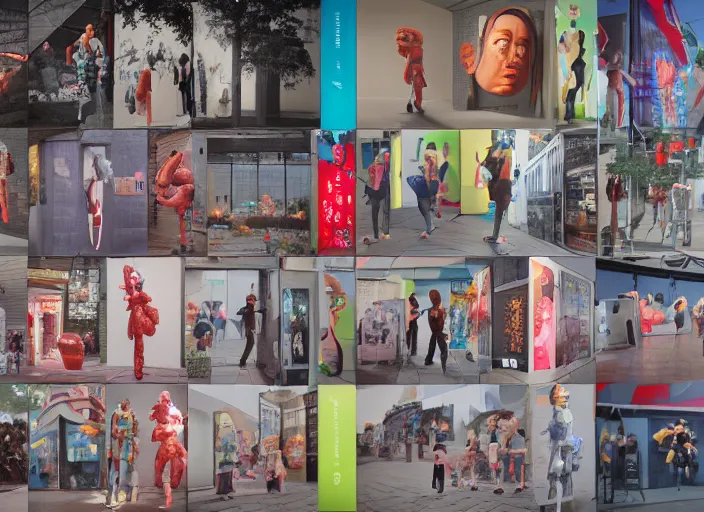 Image similar to people made of plastic and clay, 3 d, exterior street, neon japanese advertisements, portrait face, matt murphy, jeremy enecio, monet, cynical realism, john william godward, yoshitaka amano, miles johnston, louise zhang, matt murphy, enes dirig, pekka halonen, finnish naturalism, realism