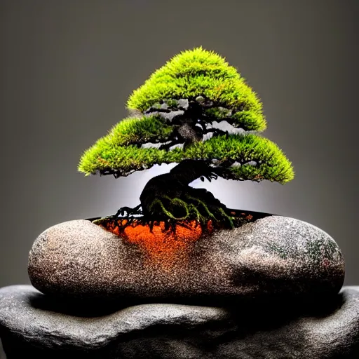 Prompt: fhoto cnn bonsai fir on a multicolored very beautiful stone with cracks, in water, fog, medium shot, volumetric lighting, beautiful, sharp focus, ultra detailed, cgsociety by leesha hannigan, thierry doizon, kai carpenter, noir art house, 4 k, 3 5 mm, fujifilm