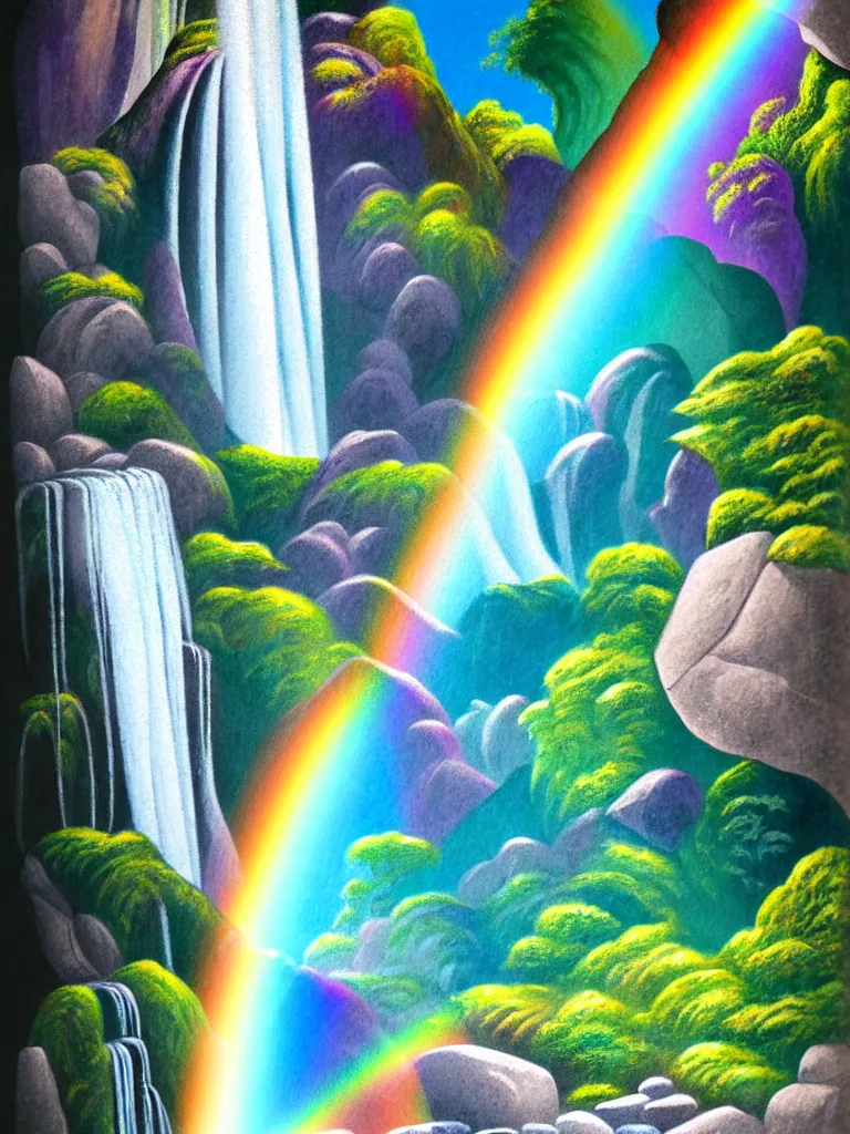 Image similar to artdeco illustration waterfall cascading onto rocks, small rainbow emerging in background, holographic, beautiful scenery,