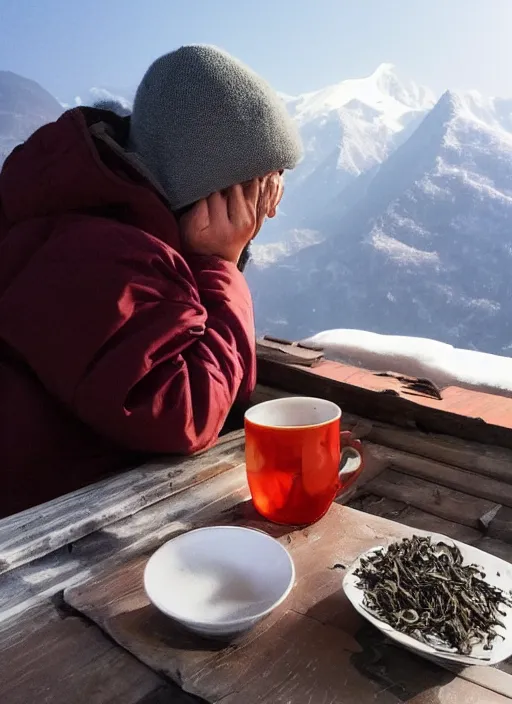 Prompt: Mountains, tea puer, Chinese philosopher, winters, thanka