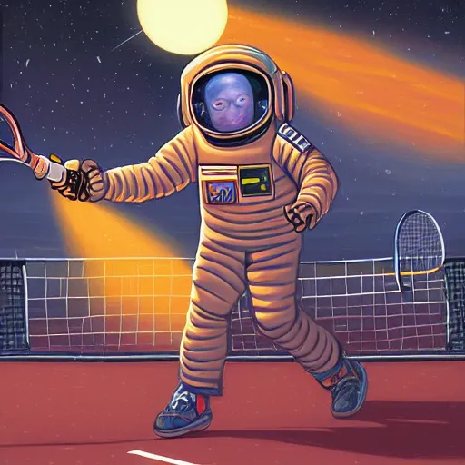 Prompt: beautiful painting of an astronaut playing tennis by Dan Mumford, action shot, trending on artstation