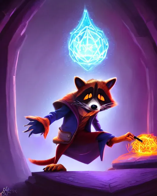 Prompt: closeup, highly detailed digital illustration portrait of hooded sorcerer sly cooper raccoon casting a magical glowing spell in a castle, action pose, d & d, magic the gathering, by rhads, lois van baarle, jean - baptiste monge, disney, pixar,