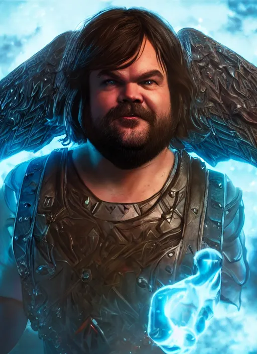 Image similar to A fantasy comic book style portrait painting of jack black as a Mystical Valkyrie, unreal 5, DAZ, hyperrealistic, octane render, RPG portrait, dynamic lighting