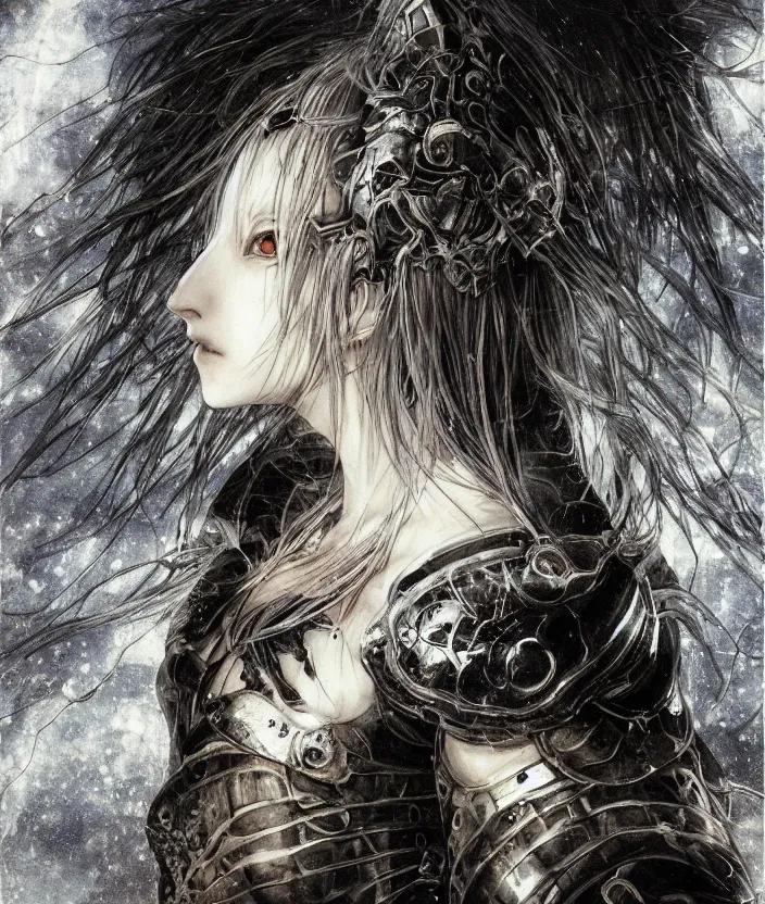 Image similar to Yoshitaka Amano realistic illustration of an anime girl with wavy white hair and cracks on her face wearing dark souls armour with the cape fluttering in the wind, abstract black and white patterns on the background, noisy film grain effect, highly detailed, Renaissance oil painting, weird portrait angle