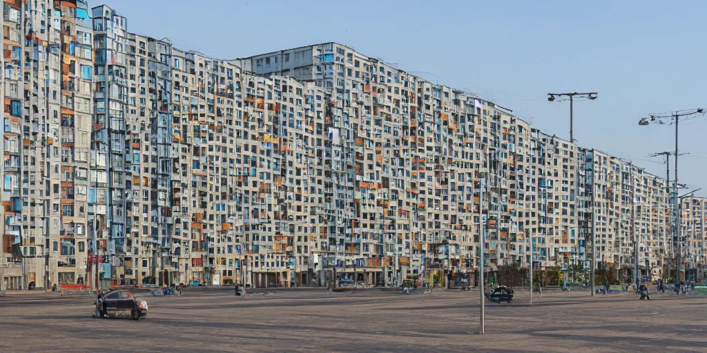 Image similar to photo of a low income highrise geometric Russian city, apartments, train station, avenues. Square with a statue of leader