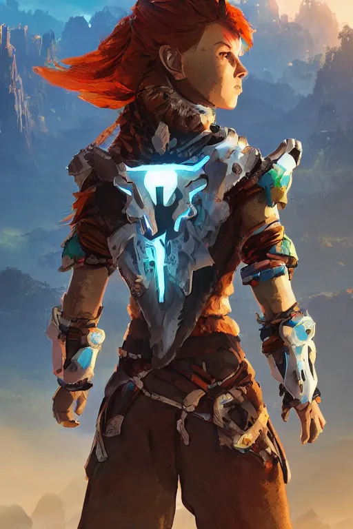 Image similar to combination suit armor aloy horizon forbidden west horizon zero dawn radiating a glowing aura global illumination ray tracing hdr fanart arstation by ian pesty and alena aenami artworks in 4 k tribal robot ninja mask helmet backpack