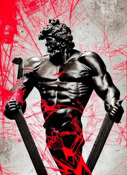 Image similar to black background, statue of hercules, skulls, thin lines, dark, red grid, glitch art, neo vaporwave, gritty, movie poster, trending on artstation