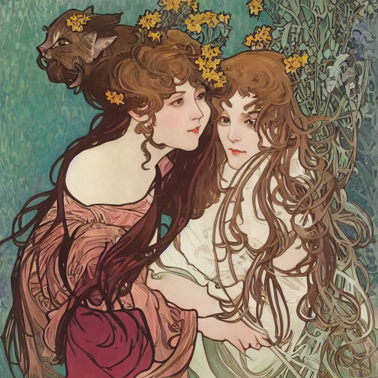 Image similar to sweet lolita and her cat companion. gouache painting by clamp and alphonse mucha.