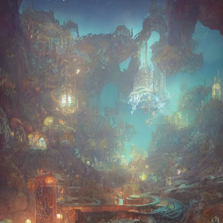 Image similar to a beautiful painting of the city of atlantis, underwater with glowing lights, corals and jellyfish, with the night sky with stars above, intricate, elegant, highly detailed, digital painting, artstation, concept art, by krenz cushart and artem demura and alphonse mucha