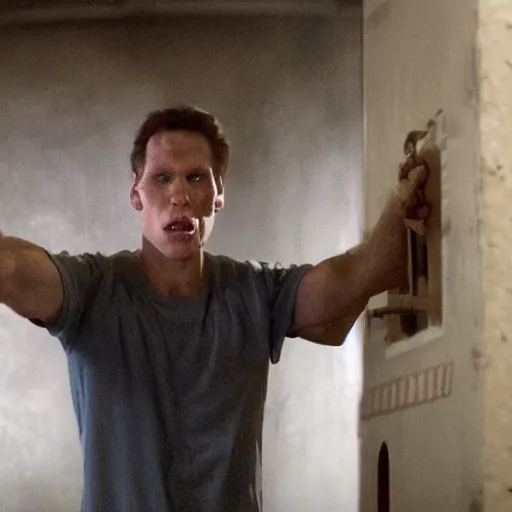 Image similar to Live Action Still of Jerma in SAW II, real life, hyperrealistic, ultra realistic, realistic, highly detailed, epic, HD quality, 8k resolution, body and headshot, film still