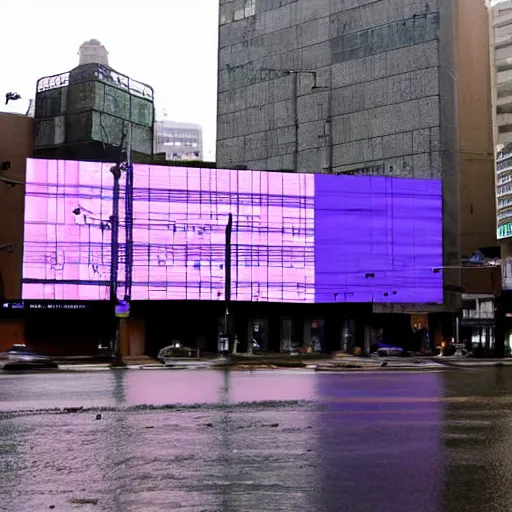 Prompt: fluorescent billboards, staccato patterns, sheets of rain, cold-blood murderer