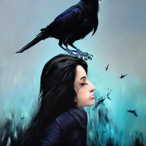 Image similar to morning, raven bird perching on the shoulder of a woman in a black dress. sun, cinematic, clouds, vogue cover style, copper and deep blue mood, realistic painting, intricate oil painting, high detail, figurative art, multiple exposure, poster art, 3 d, by simon bisley, ismail inceoglu, wadim kashin, filip hodas.