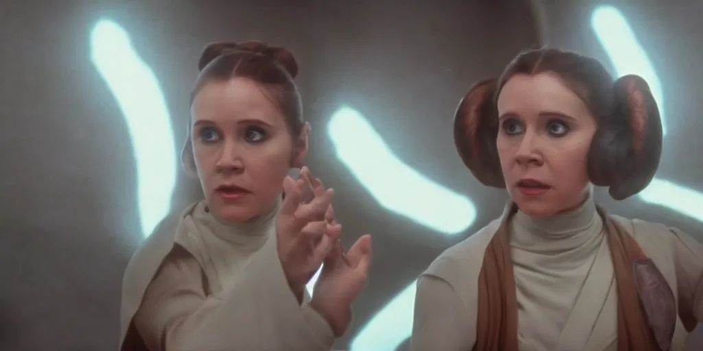 Image similar to screenshot portrait of Jedi Princess Leia, on a planet of maelstrom, chaos, the world without form and void, 1970s film by Stanley Kubrick, lost star wars film, iconic scene, HR Geiger design, stunning cinematography, hyper-detailed, sharp, anamorphic lenses, kodak color, 4k, stunning