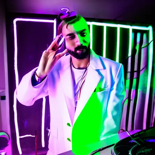 Image similar to goat dj in a white jacket, retrowave, neon light,