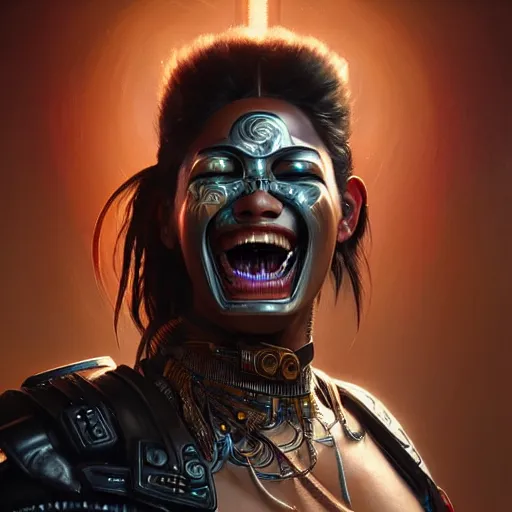 Prompt: portrait painting of a proud cyberpunk maori warrior laughing, ultra realistic, concept art, intricate details, eerie, highly detailed, photorealistic, octane render, 8 k, unreal engine. art by artgerm and greg rutkowski and magali villeneuve and alphonse mucha