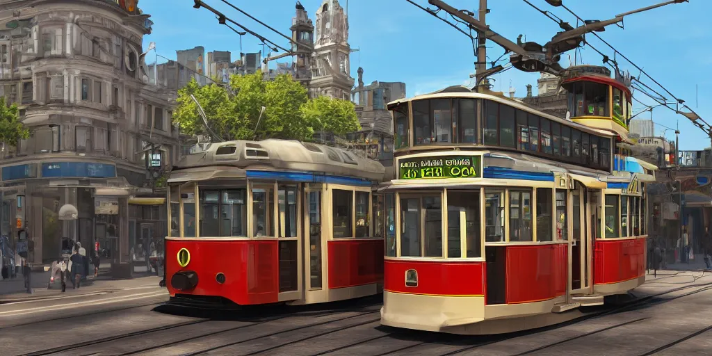 Prompt: triple decker tram, retro futuristic, volumetric lighting, photorealistic, daytime, sunny weather, sharp focus, ultra detailed, 4 0 0 0 k