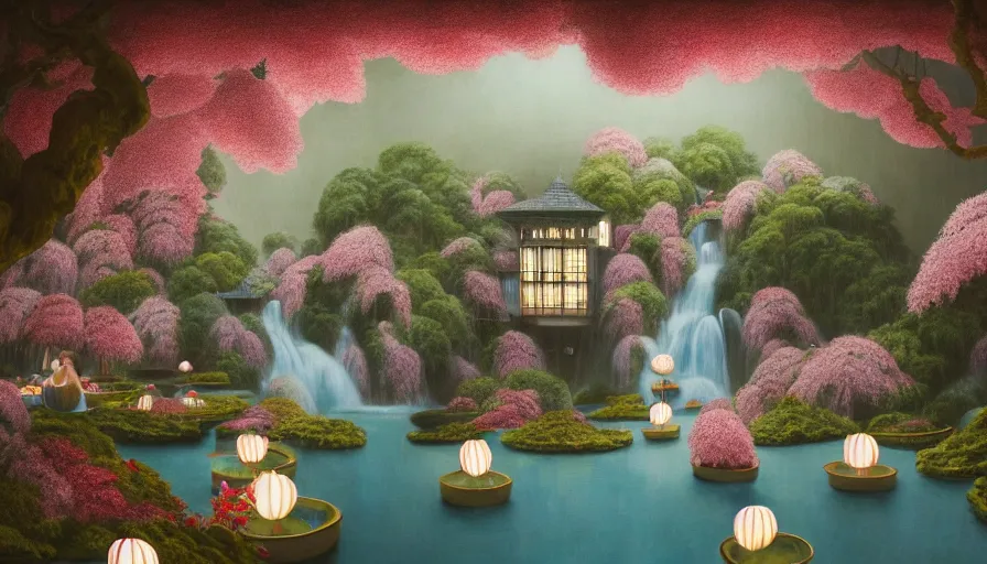 Image similar to James Jean painting of a 35mm film still of a very surreal magical European castle cafe in a lush waterfall garden, falling cherry blossoms pedals, in the style of Gucci and Wes Anderson glowing lights and floating lanterns, foggy atmosphere, rainy, moody, muted colors, magic details, very detailed, 8k, cinematic look