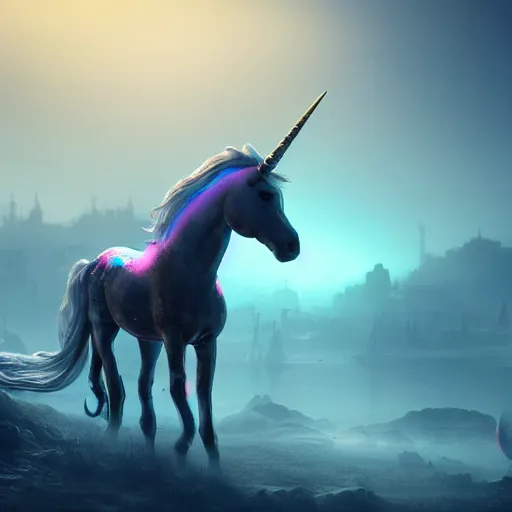 Image similar to a iridescent unicorn is injured, footsteps of blood follows behind it, toxic glowing smog in the sky, ultra realistic, concept art, intricate details, highly detailed, photorealistic, octane render, 8 k, style of mary jackson