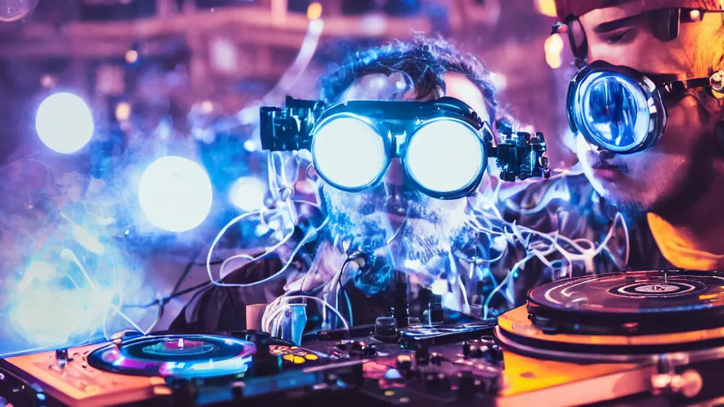 Image similar to a person wearing goggles and visor and headphones using a steampunk record player contraption, wires and tubes, turntablism dj scratching, intricate planetary gears, cinematic, imax, sharp focus, leds, bokeh, iridescent, black light, fog machine, hazy, lasers