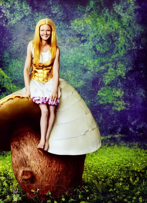 Prompt: annie leibovitz photoshoot of very young gwyneth paltrow as alice from alice in wonderland, sitting on a giant mushroom, vibrant colors, atmospheric, mist, magical, fantasy, studio lighting, soft focus