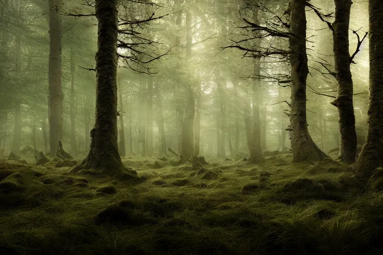 Image similar to dense woodland landscape, English forest, Irish forest, scottish forest, perspective, folklore,King Arthur, Lord of the Rings, Game of Thrones. ultra photoreal , photographic, concept art, cinematic lighting, cinematic composition, rule of thirds , mysterious, eerie, cinematic lighting, ultra-detailed, ultrarealistic, photorealism, 8k, octane render, Albert Bierstadt