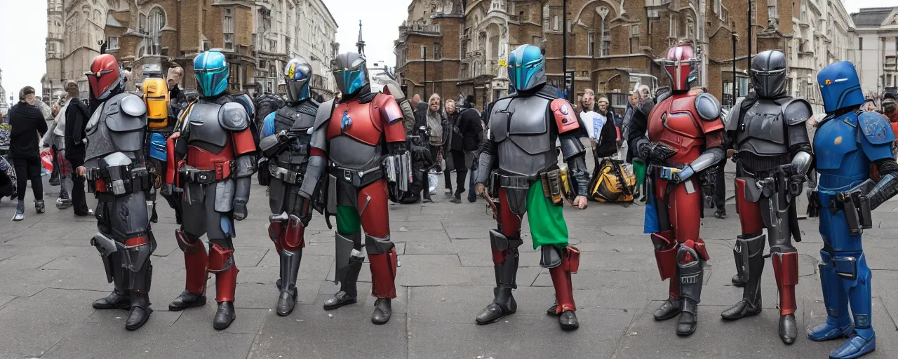 Prompt: mandalorians looking bored on the streets of London, single Polish flag somewhere