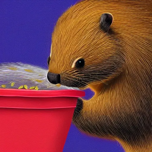 Prompt: digital painting of a beaver spitting seeds into a bucket, detailed, glow,