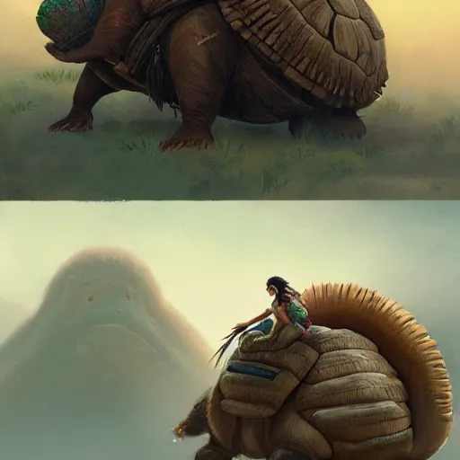 Image similar to yanomami riding a glyptodon, greg rutkowski, fantasy, intricate, elegant, highly detailed, digital painting, artstation, concept art, long shot, cinematic lighting