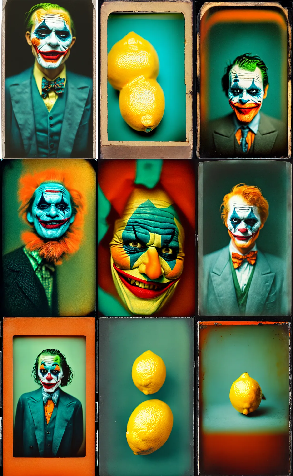 Image similar to kodak portra 4 0 0, wetplate, 8 k, shot of a highly detailed, britt marling style, colour still - life portrait of a lemon looks like 1 9 9 9 joker, teal and orange, muted coloures