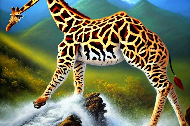 Image similar to ( ( a beautiful 8 k photorealistic masterpiece oil painting ) ( of ( a giraffe riding a tiger ) ( in the nepalese himalayas ) ) ( hyperrealism ) ( 1 6 k ) ( trending on artstation )