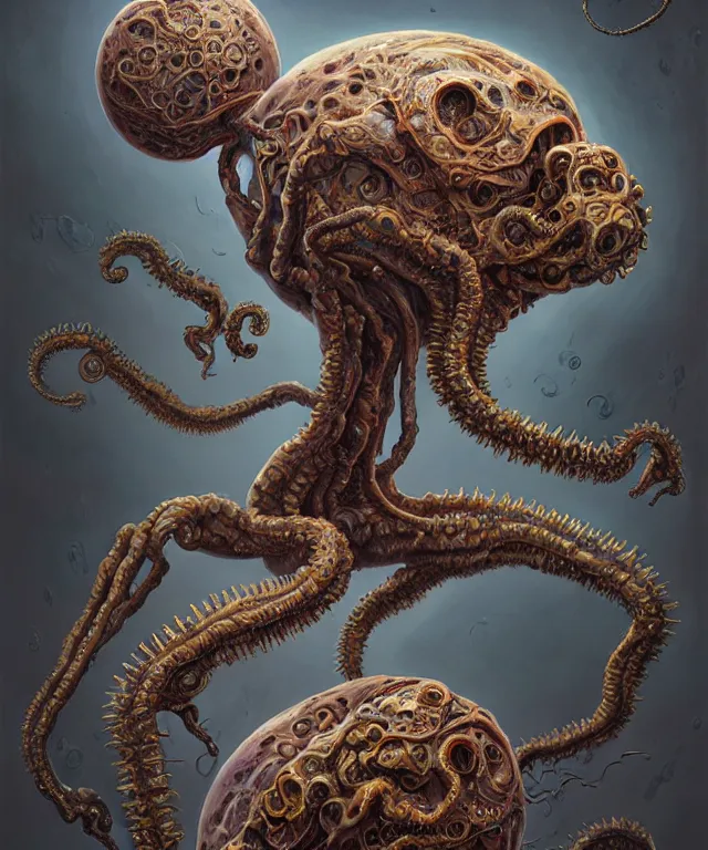 Image similar to hziulquoigmnzhah, head dangling underneath body!!!!, spherical body, elongated arms, short legs, lovecraftian horror!, surrealism, fantasy, intricate, elegant, highly detailed, digital painting, artstation, concept art, matte, sharp focus, illustration, art by keith thompson and christopher lane