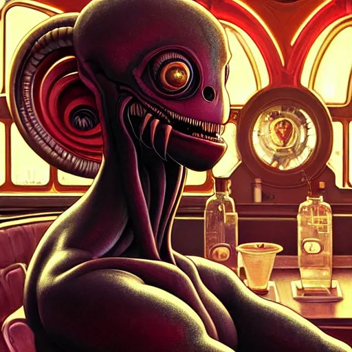 Image similar to portrait of a xenomorph muppet working in a diner, arms crossed, promotional pose, intricate, headshot, highly detailed, digital painting, artstation, concept art, sharp focus, cinematic lighting, illustration, art by artgerm and greg rutkowski, alphonse mucha, cgsociety