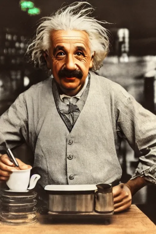 Image similar to intricate color photo of albert einstein, working in starbucks serving a customer, 8 k octane beautifully detailed render