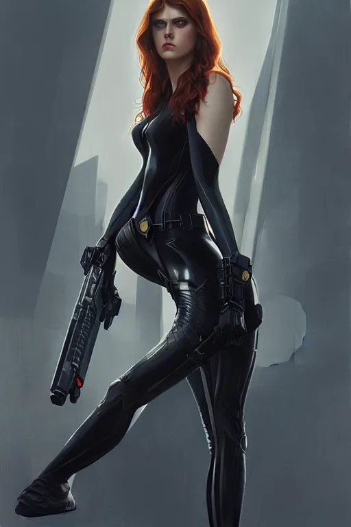 Image similar to alexandra daddario as black widow, realistic portrait, symmetrical, highly detailed, digital painting, artstation, concept art, smooth, sharp focus, illustration, cinematic lighting, art by artgerm and greg rutkowski and alphonse mucha