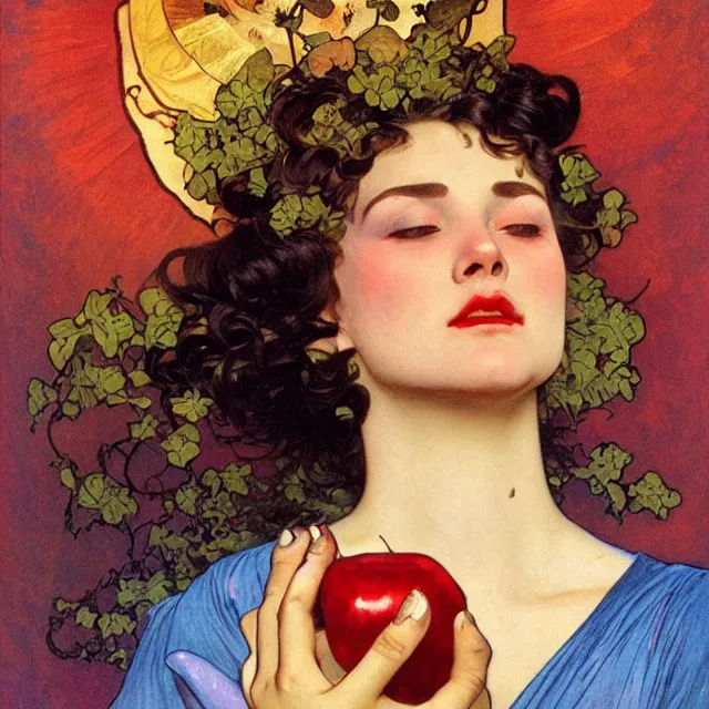 Prompt: an aesthetic! detailed close - up portrait of an aesthetic woman crying mournfully while holding an apple, by frank frazetta and alphonse mucha, oil on canvas, bright colors, art nouveau, epic composition, dungeons and dragons fantasy art, hd, god - rays, ray - tracing, crisp contour - lines, huhd - 8 k