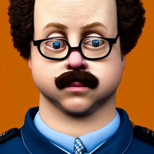 Prompt: the lovechild of paul blart and napoleon dynamite, realistic, hyperrealistic, 8 k resolution, hd quality, very detailed, highly detailed, intricate details, very realistic, trending on artstation, really realistic, very realistic, headshot, head in frame