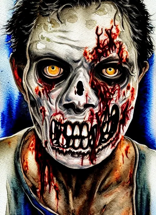 Image similar to zombie hollywood professional acting headshot, hyperrealism, intricate detailed, studio lighting, charming expression gesicht, watercolor art, drawn and painted, colored layers, dulled contrast