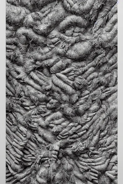 Image similar to hyperdetailed brutalist sculpted wall of feathers and fungus by berto lardera and illustrated by alan lee