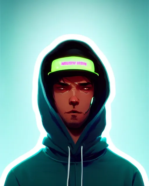 Image similar to photographic, hyper - realistic detailed portrait of a man in a hoodie, with neon visor, dynamic pose, by atey ghailan, by greg rutkowski, by greg tocchini, by james gilleard, by joe fenton, by kaethe butcher, sharp focus