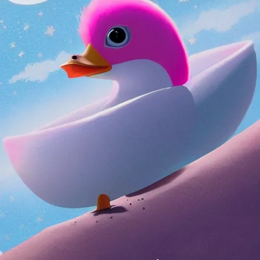 Image similar to concept art of pink duck in the moon, full view, full size, hyper detailed, digital art, artstation, high definition cgsociety, sk, render, cinematic, symmetry, hyper realistic