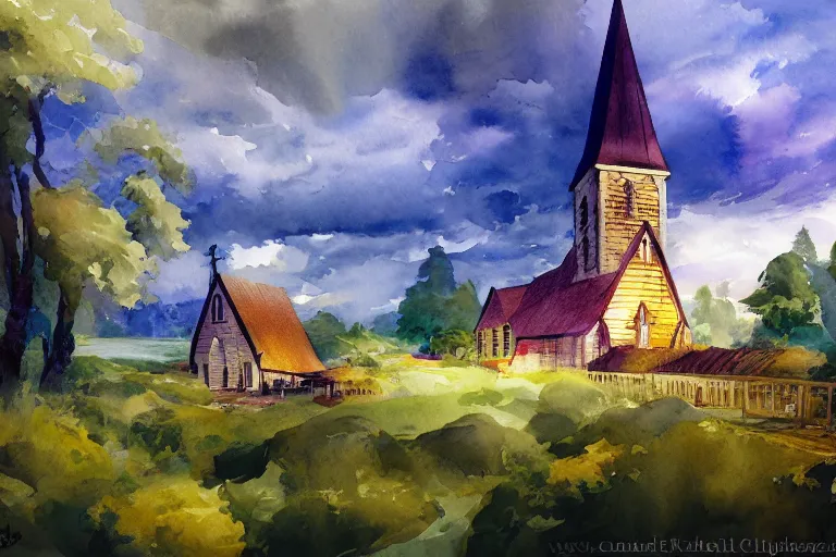 Prompt: small centered on watercolor paper, paint brush strokes, abstract watercolor painting of traditional scandinavian wooden church, medieval chapel, translucent leaves, cinematic light, national romanticism by hans dahl, by jesper ejsing, by anders zorn, by greg rutkowski, by greg manchess, by tyler edlin