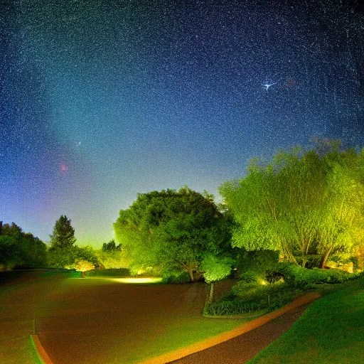 Image similar to beautiful garden lush green, full night sky milky way view hd