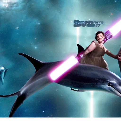 Prompt: betty white dual wielding lightsabers riding a dolphin through space, cinematic, award winning, high budget vfx