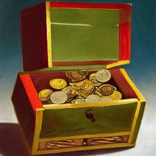 Prompt: A painting of a treasure chest, the lid is open, there are thousands of coins inside, jewels and a magnificent emerald, oil on canvas