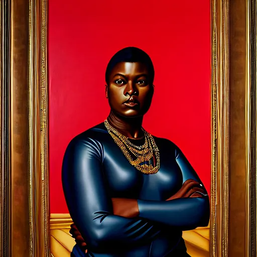 Image similar to A portrait of a thick powerful and gorgeous non-binary person, dark black skin tone, oil painting by Kehinde Wiley, majestic, detailed, high resolution